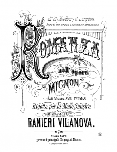 Thomas - Mignon - Romance "Connais-tu le pays?" (Act I) For Piano left hand (Vilanova) - Score