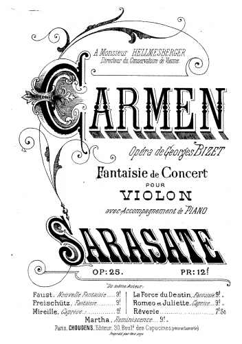 Sarasate - Carmen Concert Fantasy, Op 25 - For Violin and Piano - Piano Score and Violin Part
