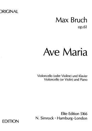 Bruch - Ave Maria Op. 61 for Cello and Orchestra or Piano - For Cello and Piano - Piano Score and Cello Part