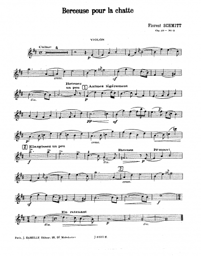 Schmitt - 5 Pièces for Violin/Cello and Piano, Op. 19 - Scores - No. 3 - Berceuse pour la Chatte