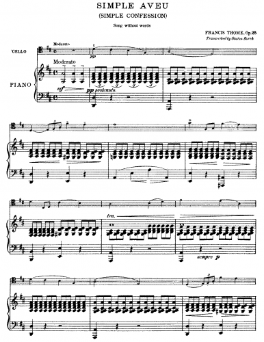 Thomé - Simple Aveu, Op. 25 - For Cello and Piano (Borch) - Piano Score and Cello part