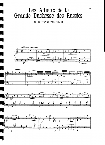 Paisiello - Les Adieux de la Grande Duchesse des Russies - For Piano solo - Score