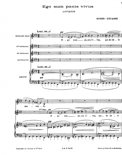 Roger-Ducasse - Ego sum panis vivus - For Soprano, female chorus and organ - Score