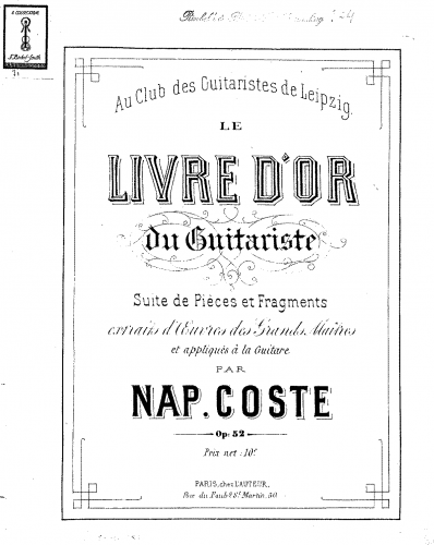 Coste - Suite de pièces extraits d'oevres des grandes maîtres et appliqués à la guitarre - Score