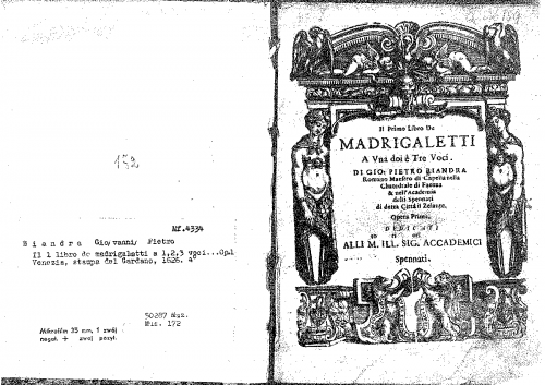 Biandrà - Il primo libro de madrigaletti a una, doi é tre voci, Op. 1 - Score