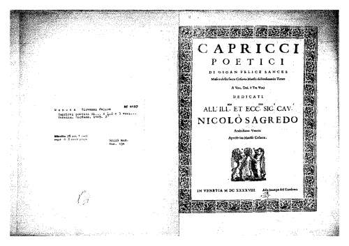 Sances - Capricci poetici di Gioan Felice Sances [...] a una, doi, tre voci - Score