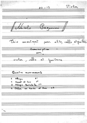 Paganini - Terzetto Concertante - For Guitar, Violin and Cello - Violin (alternate to viola - manuscript)