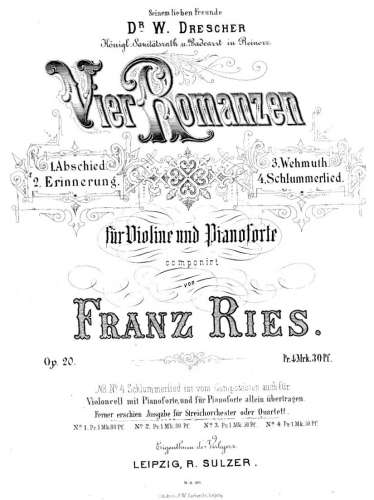 Ries - 4 Romances for Violin and Piano, Op. 20 - Violin and Piano score, solo part (including covers)