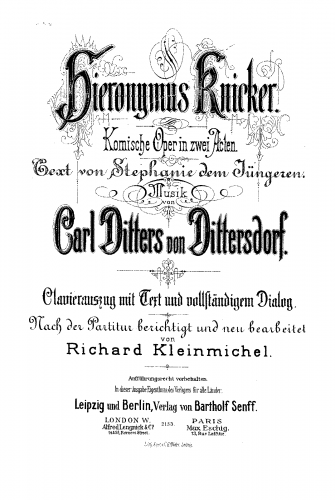 Dittersdorf - Hieronymus KnickerLucius KnickerChrisostomus Knicker - Vocal Score - Vocal Score
