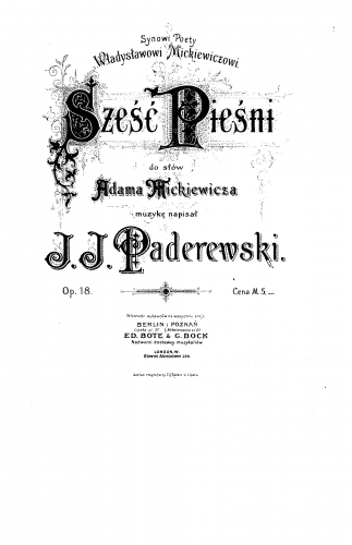 Paderewski - Six Songs, Op. 18 - Score
