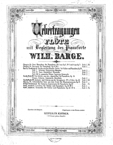 Gade - Aquarellen. Kleine Tonbilder für Pianoforte - Selections (Book I, Nos.1-3.; Book II, No. 4) For Flute and Piano (Barge) - Flute and Piano score, Flute part