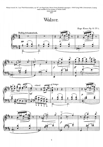 Kaun - Fünf Klavierstücke, Op. 93 - 2. Walzer