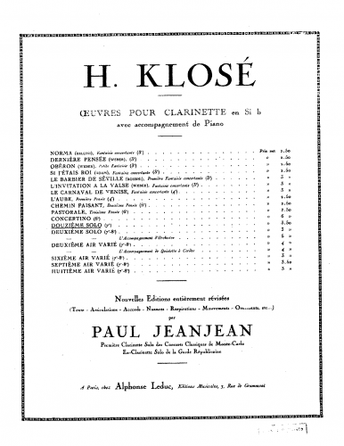 Klosé - Solo No. 12 for Clarinet and Piano - Score