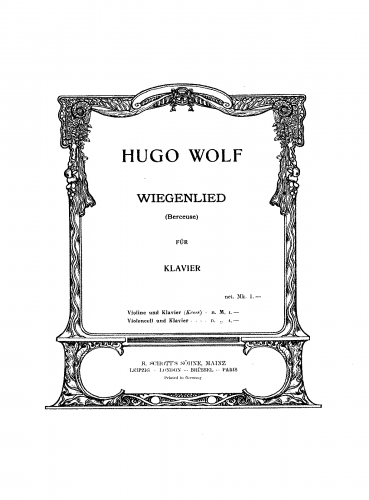 Wolf - Aus der Kinderzeit - No. 1. Schlummerlied For Violin or Cello and Piano (Kross) - Piano Score and Alternate Cello Part