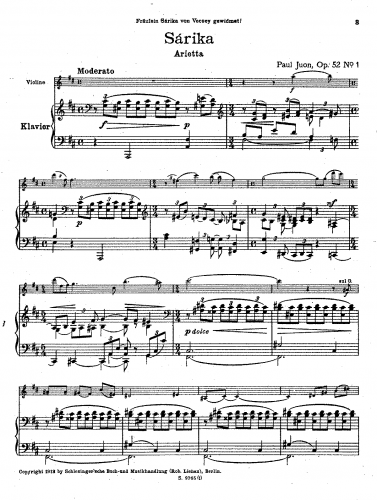 Juon - 2 Kleine Stücke for Violin and Piano - Piano score and Violin part