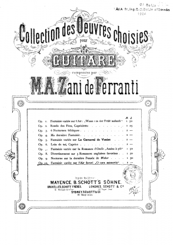 Ferranti - Fantaisie variée sur l'Air favorite de Caraffa, 'O cara memoria', Op. 10 - Score