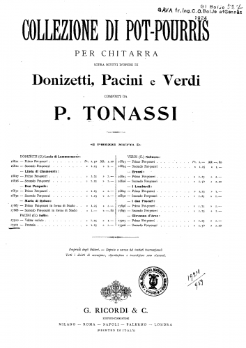 Tonassi - Pot-Pourris on Pacini's 'Saffo' - Score
