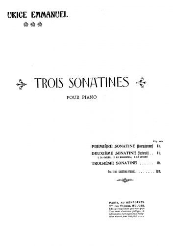 Emmanuel - Sonatine No. 1 "Bourguignonne" Op. 4Sonatine No. 2 "Pastorale" Op. 5Sonatine No. 3 Op. 19 - Score