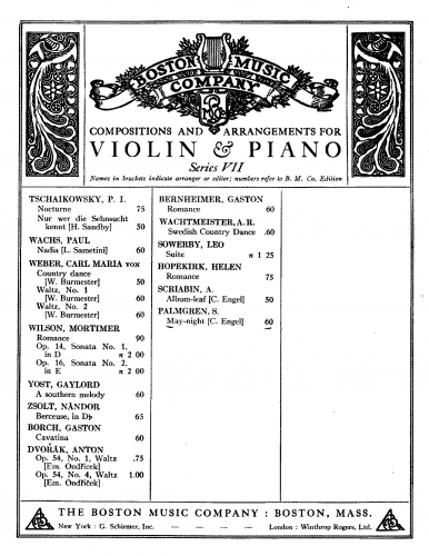 Palmgren - 7 Piano Pieces, Op. 27 - May Night (No. 4) For Violin and Piano (Engel) - Score