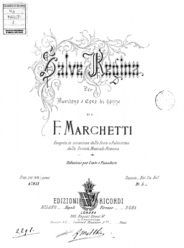 Marchetti - Salve Regina - Vocal Score - Score