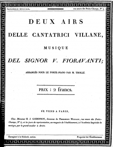 Fioravanti - Le Cantatrici Villane - Vocal Score Deux Airs Italian / French - Score