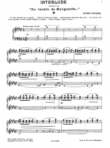 Roger-Ducasse - Au jardin de Marguerite - Interlude For Piano (Composer) - Score