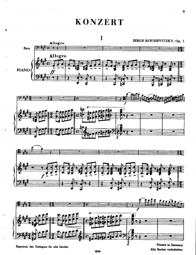 Koussevitzky - Concerto for Doublebass and Orchestra, Op. 3 - For Double Bass and Piano - Incomplete Piano Score