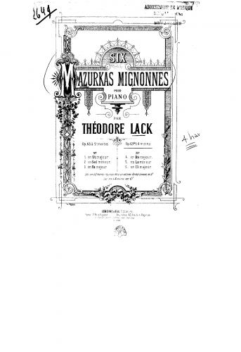 Lack - 6 Mazurkas mignonnes, Op. 63 - For Piano 4 hands (Lack) - Score