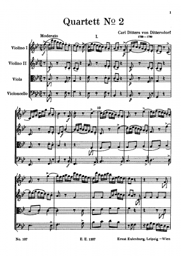 Dittersdorf - String Quartet No. 2 in B flat - Score