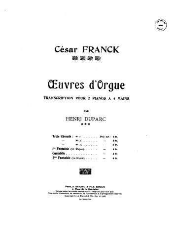 Franck - Fantaisie, Op. 16 - For 2 Pianos (Duparc) - Score