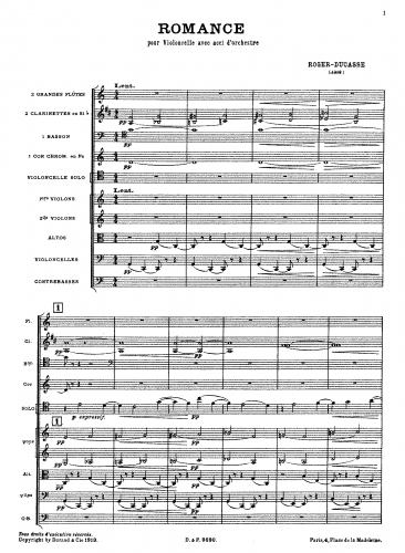 Roger-Ducasse - Romance for cello and piano - For Cello and Orchestra (Composer) - Score