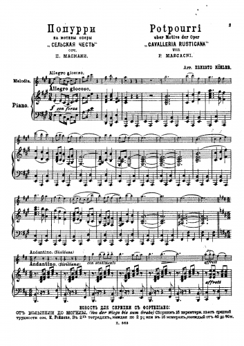 Köhler - Potpourri über Motive der Oper 'Cavalleria Rusticana' - Flute and Piano Score