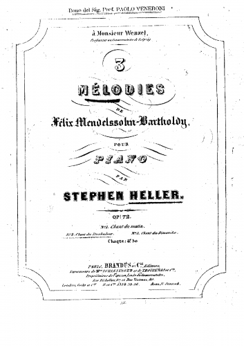 Heller - 3 Melodies de Mendelssohn, Op. 72 - No. 2 Chant du Troubadour - Complete Score