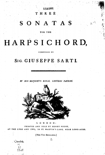 Sarti - 3 Sonatas for Harpsichord from 1769 - Score