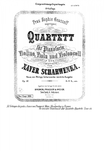 Scharwenka - Piano Quartet, Op. 37 - Scores and Parts