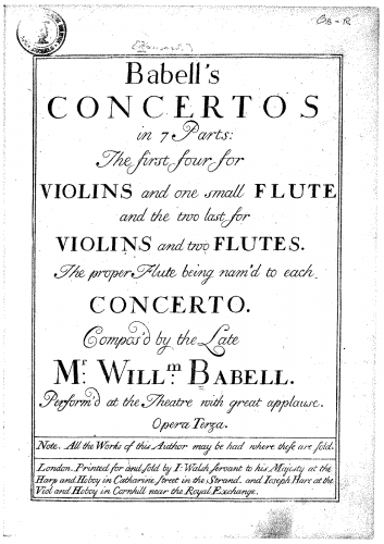 Babell - 6 Recorder Concertos - Scores and Parts
