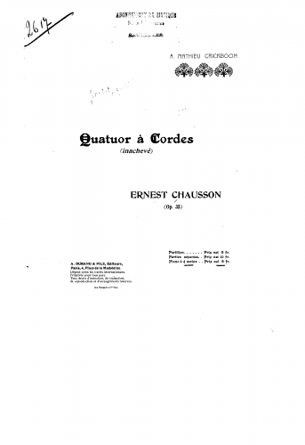 Chausson - String Quartet, Op. 35 - For Piano 4 hands (Composer) - Score