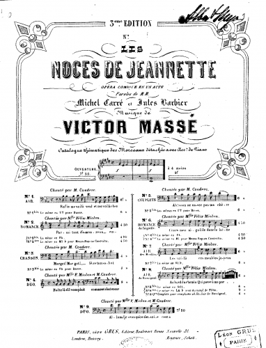 Massé - Les noces de Jeannette - Vocal Score Air du Rossignol: Au bord du chemin qui passe à ma porte (No. 8) - Score