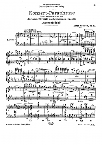Grünfeld - Paraphrase on J.Strauss' waltz motives from 'Aschenbrödel', Op. 52 - Score