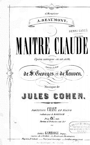 Cohen - Maître Claude - Vocal Score - Score