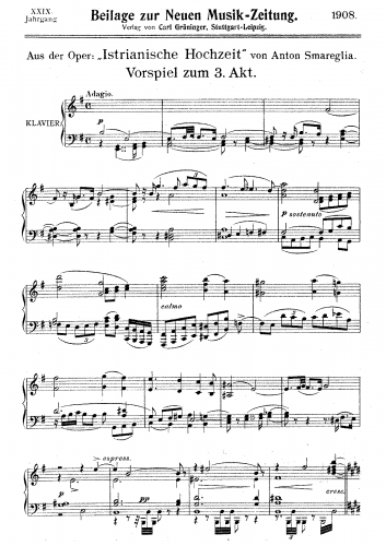 Smareglia - Nozze Istriane - Prelude to Act III For Piano solo - Score