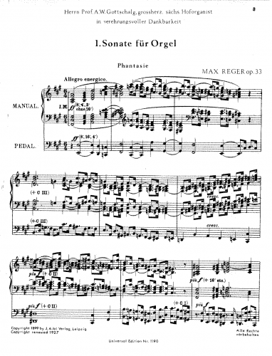 Reger - Erste Sonate für Orgel, Op. 33 - Score