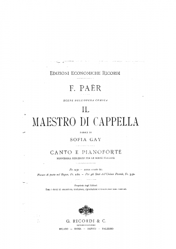 Paër - Le maître de chapelle, ou Le souper imprévu - Vocal Score Italian Version in One Act - Score