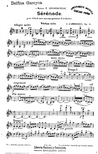 D'Ambrosio - Sérénade pour Violon, Op. 4 - Solo - Violin solo