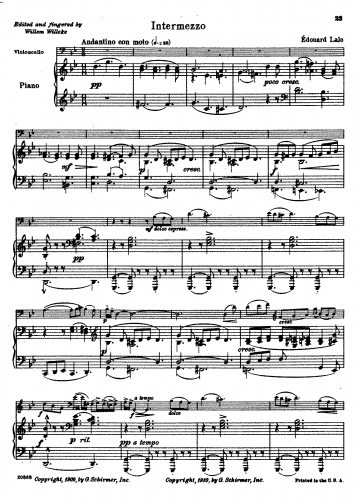 Lalo - Cello Concerto - Intermezzo For Cello and Piano (Willeke) - Piano Score