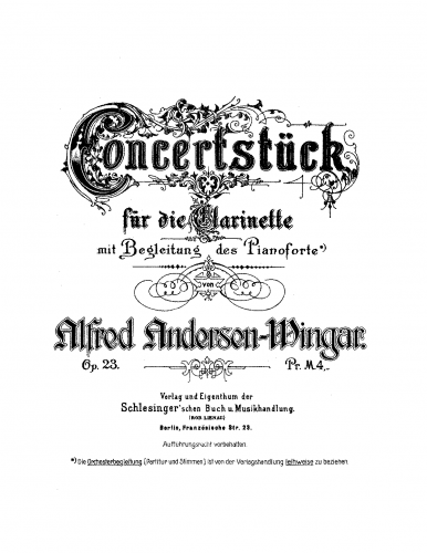 Andersen-Wingar - Concertstück für die Clarinette mit Begleitung des Pianoforte, Op. 23 - Piano Score and Clarinet part