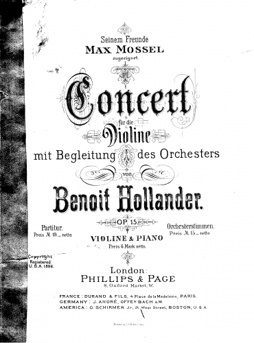 Hollander - Violin Concerto, Op. 15 - Score