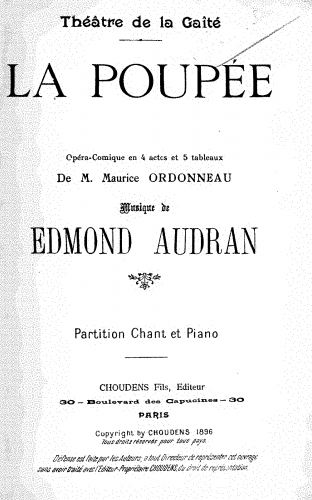 Audran - La poupée - Vocal Score - Score