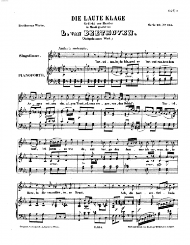 Beethoven - Song, Die laute Klage, WoO 135 - Piano Score