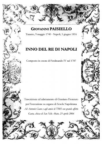 Paisiello - Inno del Re di Napoli - For Organ (Fronzuto) - Score
